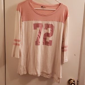Varsity style tee cream and peach